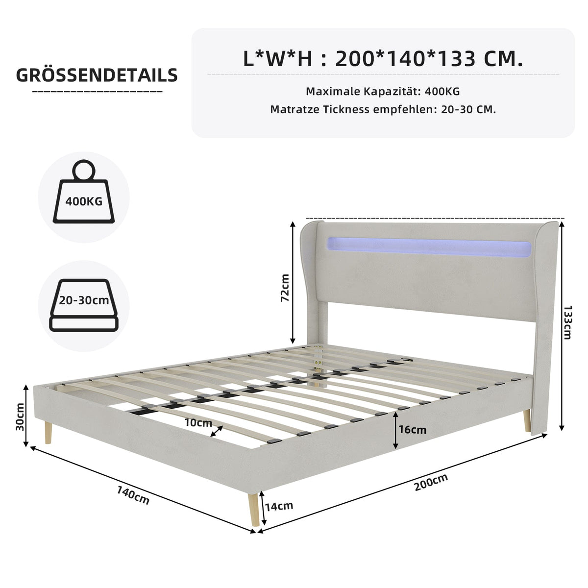 Upholstered Bed, Modern Minimalist with LED Headboard, 140x200 cm, Beige