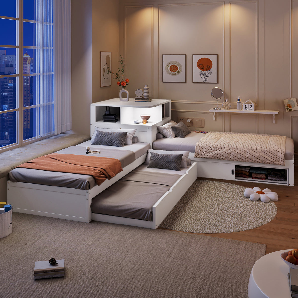 90x200 L-Shaped Platform Bed with Trundle & Storage, White