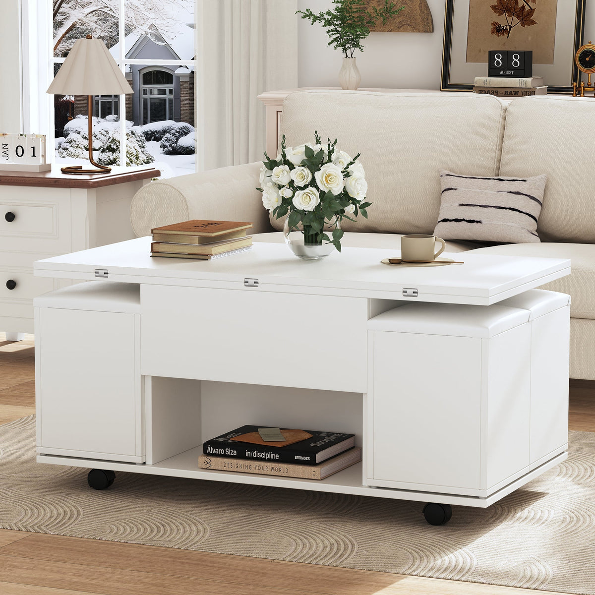 Liftable Coffee Table, Multifunctional with 2 Opening Tabletops, White