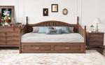 Sofa Bed, Pull-Out 90/180*190cm with Drawers & Slatted Frame, Solid Pinewood Walnut