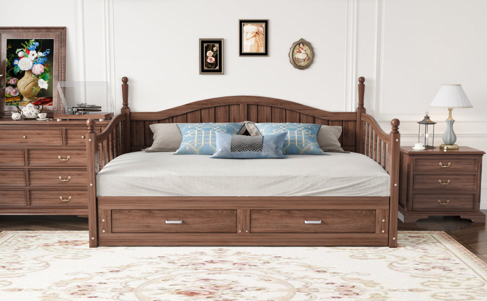 Sofa Bed, Pull-Out 90/180*190cm with Drawers & Slatted Frame, Solid Pinewood Walnut