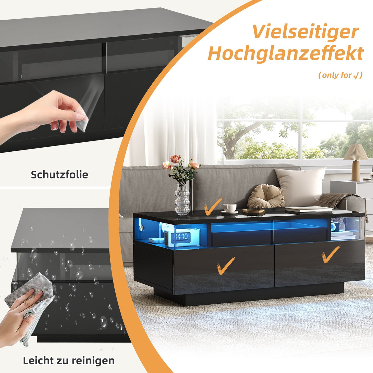 Coffee Table with Tray, High-Gloss, 2 Drawers, Tempered Glass, LED Light, Black