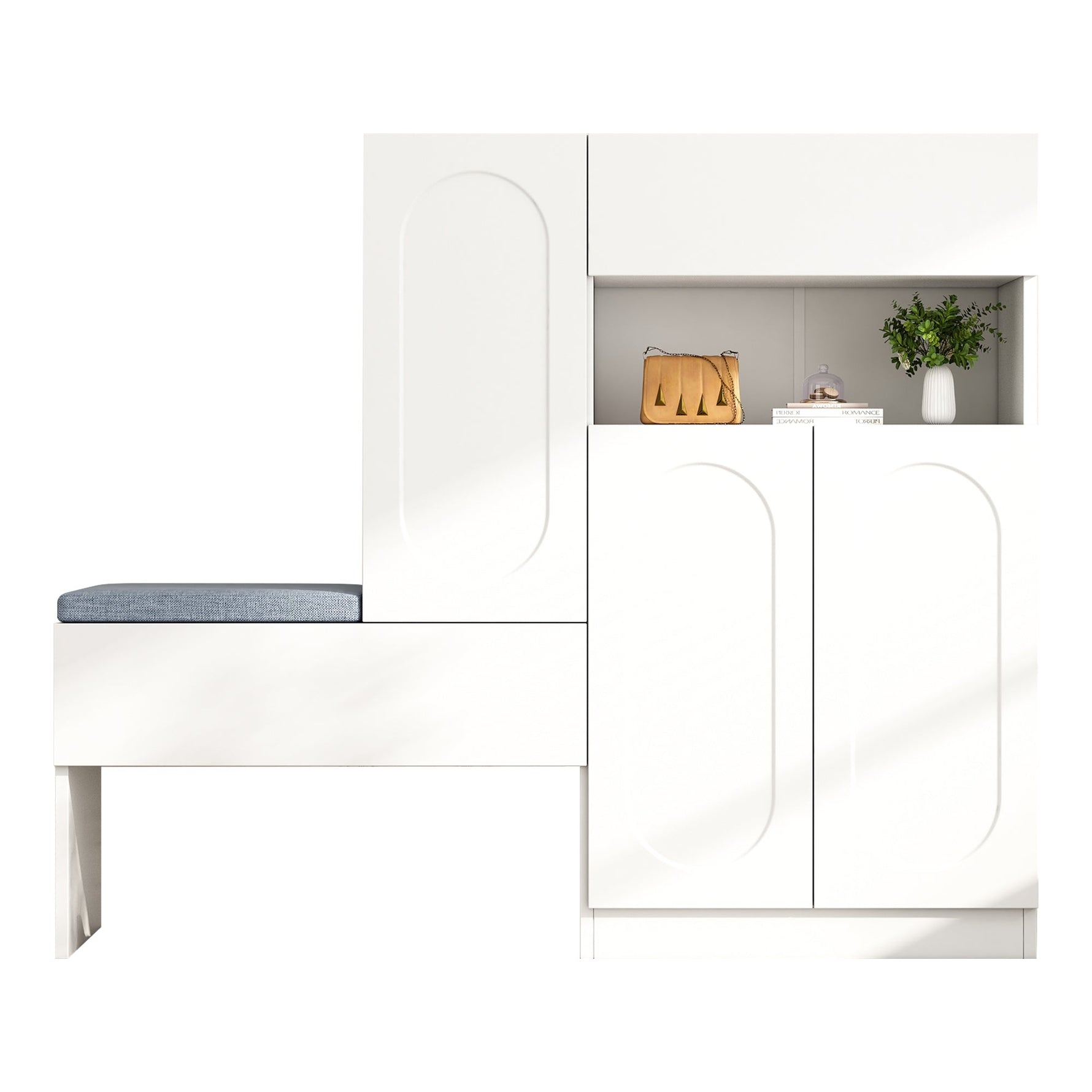 Trendy 2-in-1 Shoe Cabinet with Curved Doors, Soft-Close, Adjustable Compartments, Upholstered Bench, White
