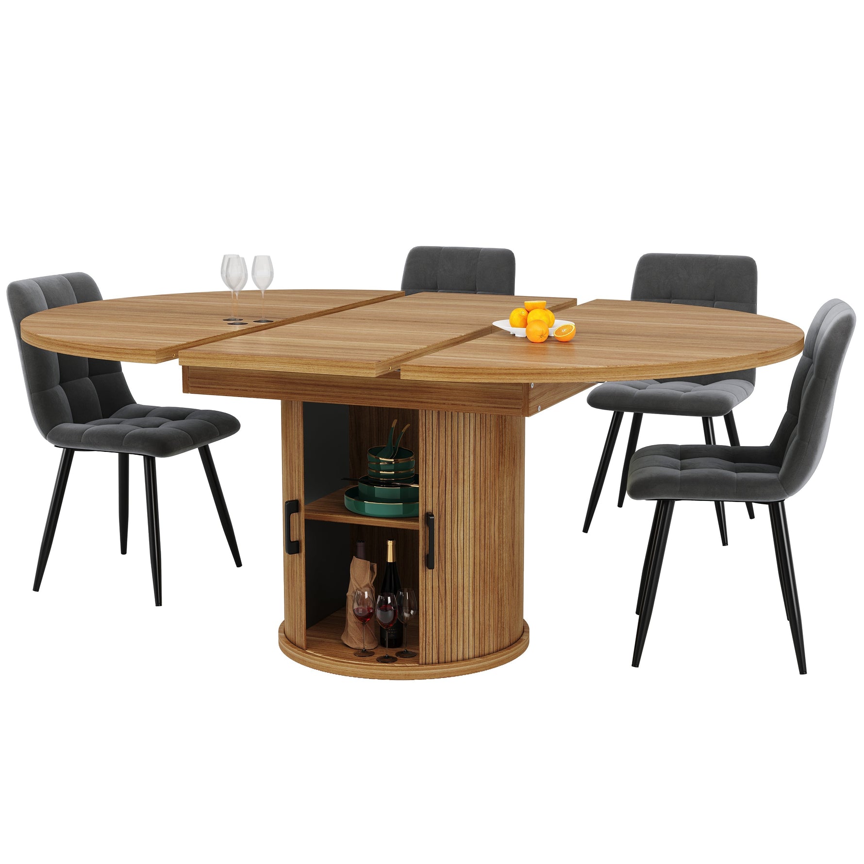 Extendable Round Dining Table, Oval Extension for 6 People, Walnut and Black