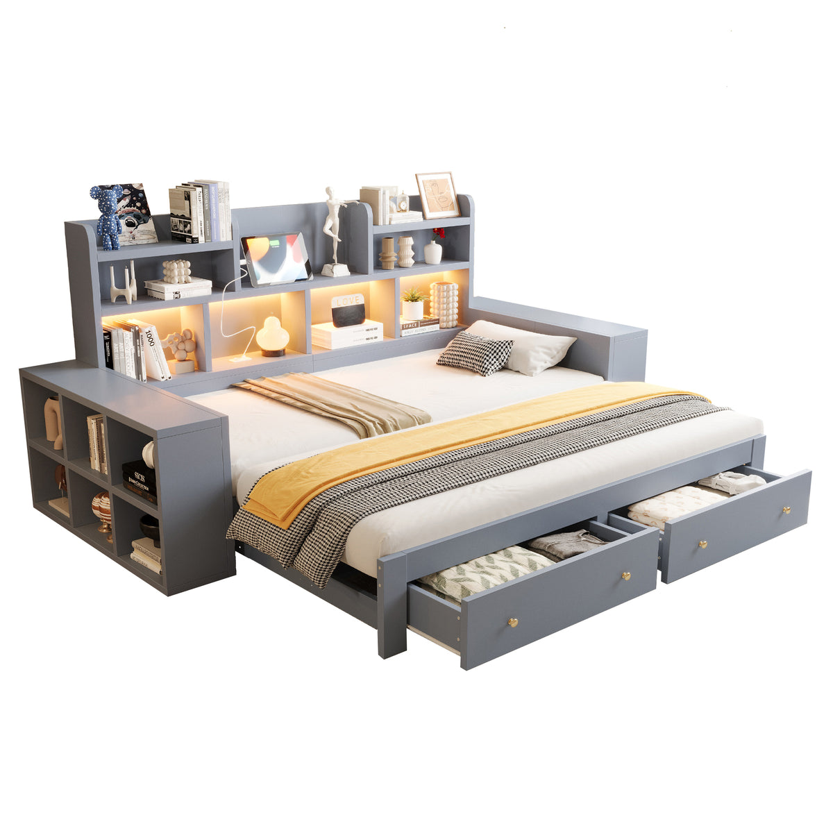 Extendable Sofa Bed 90/180x200cm with Storage & LED, Grey Wood