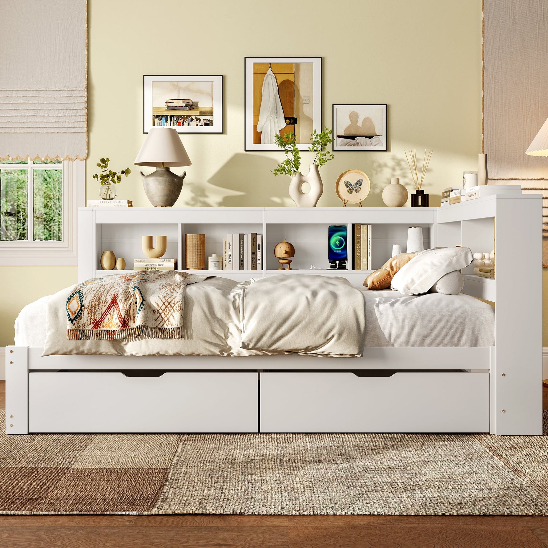 Daybed with 2 Drawers and USB Charging Ports, 140 x 200 cm, White Chipboard