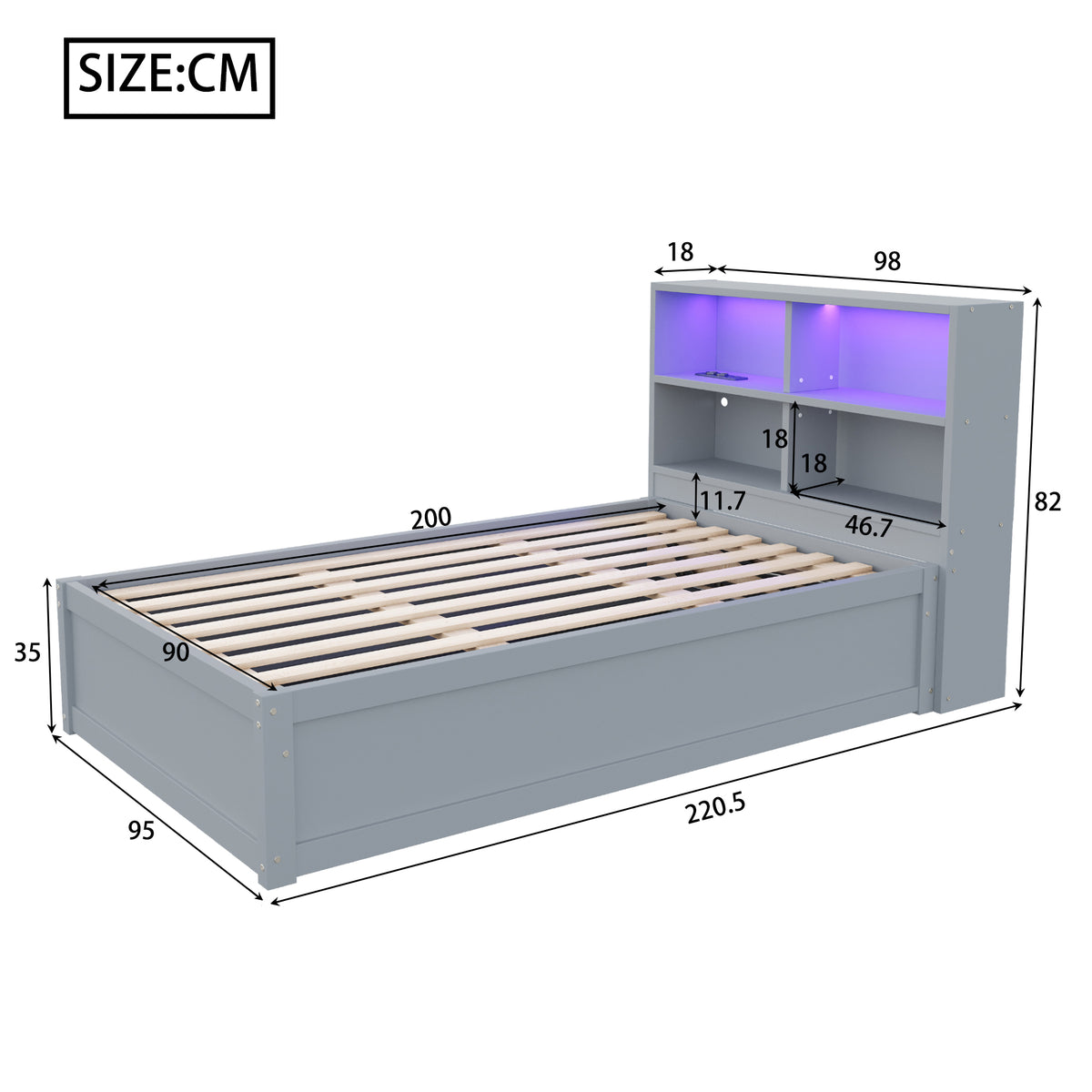 Multifunctional Hydraulic Sofa Bed 90x200 with Storage & LED, Grey