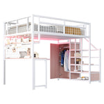 Metal Loft Bed with Storage Ladder, Wardrobe, Table and LED, 140x200cm, White Metal