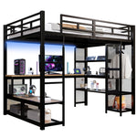 Loft Bed 140x200cm with Storage, Wardrobe & LED, Black Metal