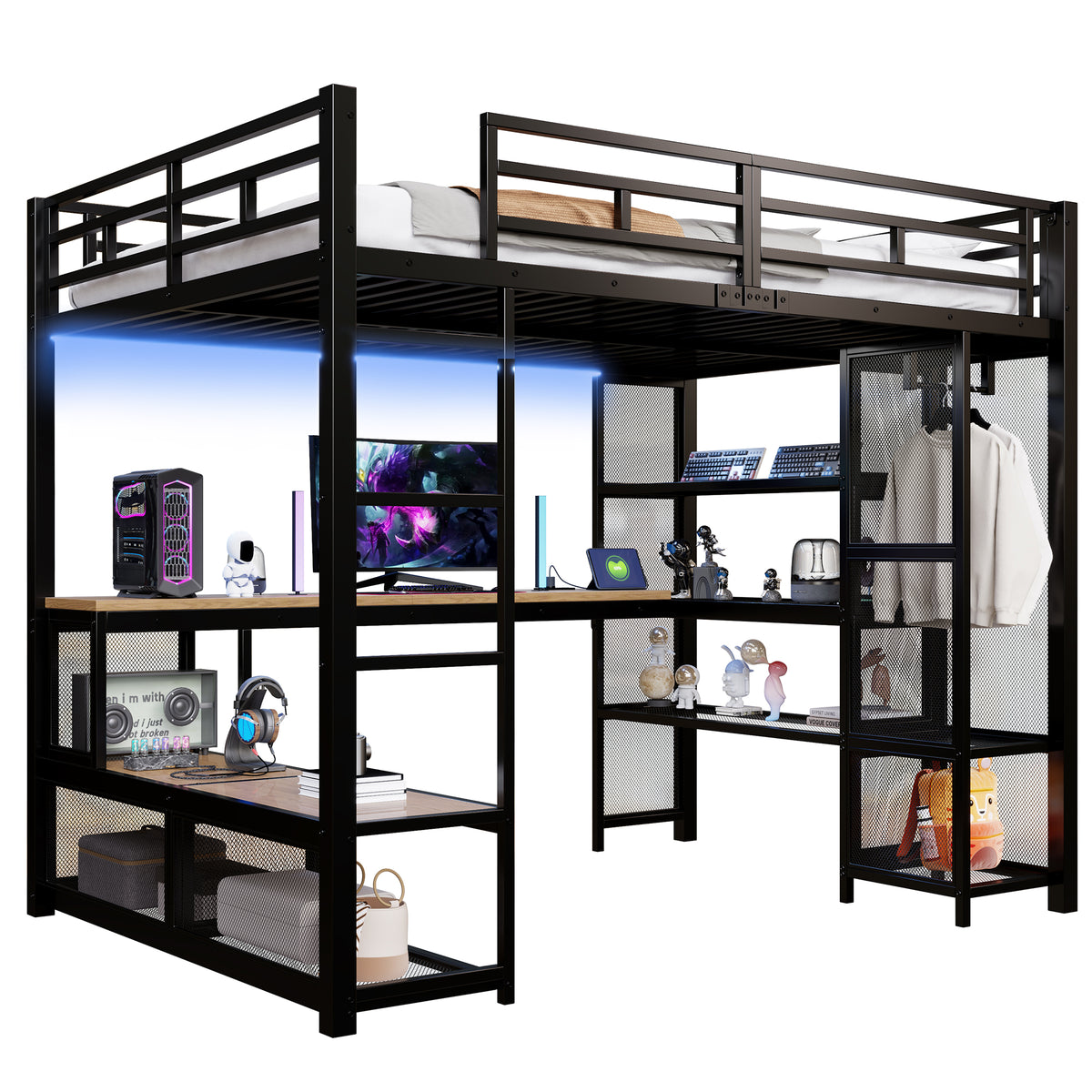 Loft Bed 140x200cm with Storage, Wardrobe & LED, Black Metal