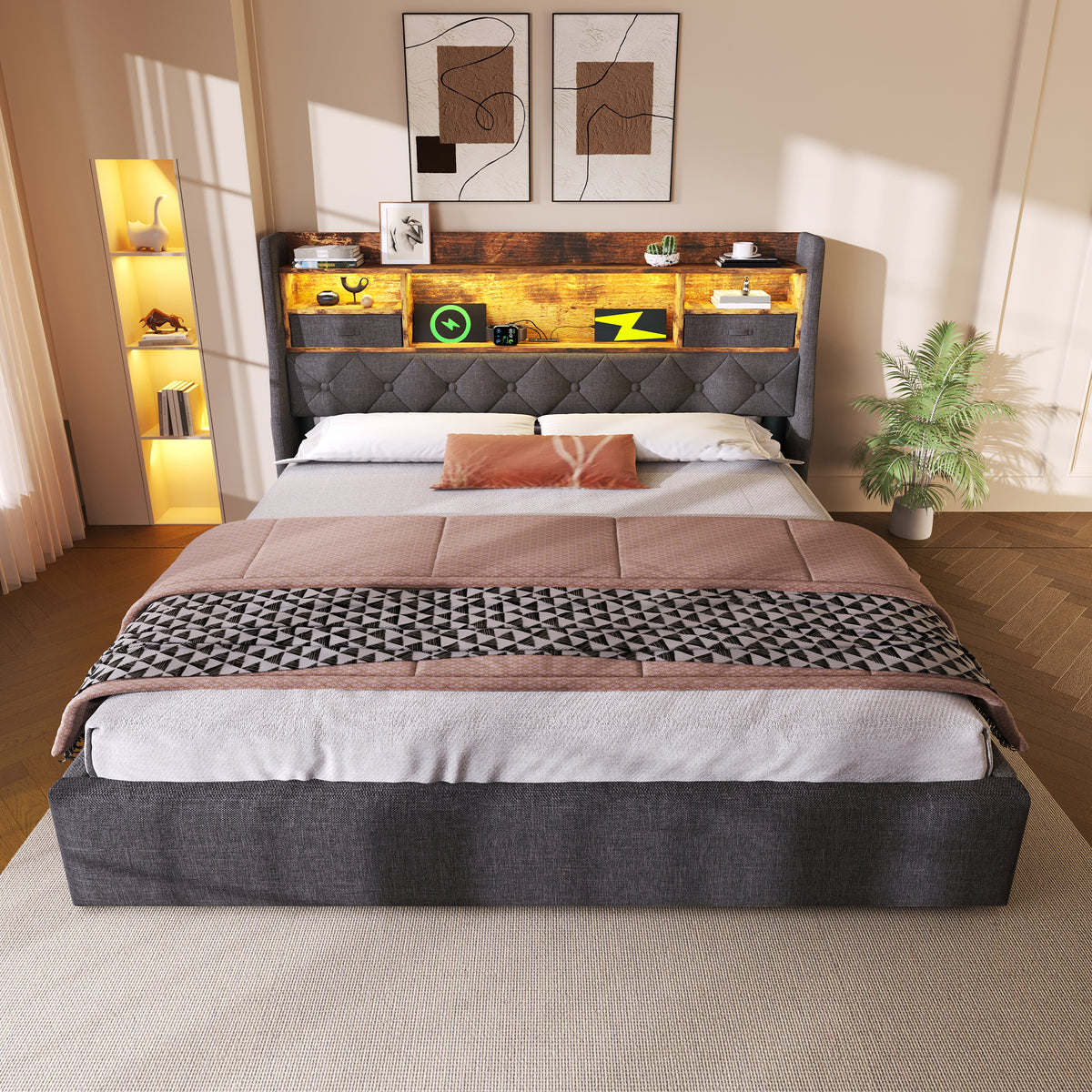 Upholstered Bed 140x190cm with Storage & LED, Grey Linen