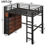 Loft Bed 140x200cm with 8 Drawers & LED Lighting, Black Metal