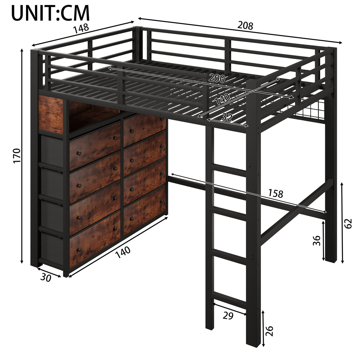 Loft Bed 140x200cm with 8 Drawers & LED Lighting, Black Metal