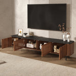 Modern TV Cabinet with Gitter Doors and Storage, Black and Walnut Wood