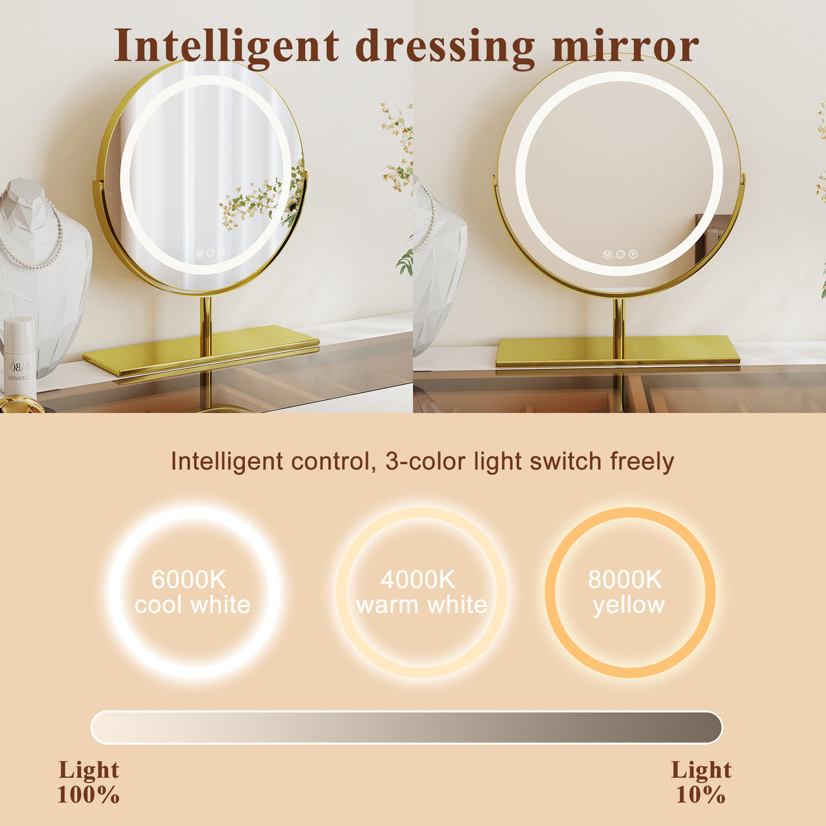 Modern Dressing Table with LED Mirror & Glass Top, White
