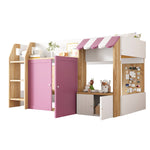 Children's House Bed Mid-Height 90x200 Storage Climbing Ladder - White/Pink Wood
