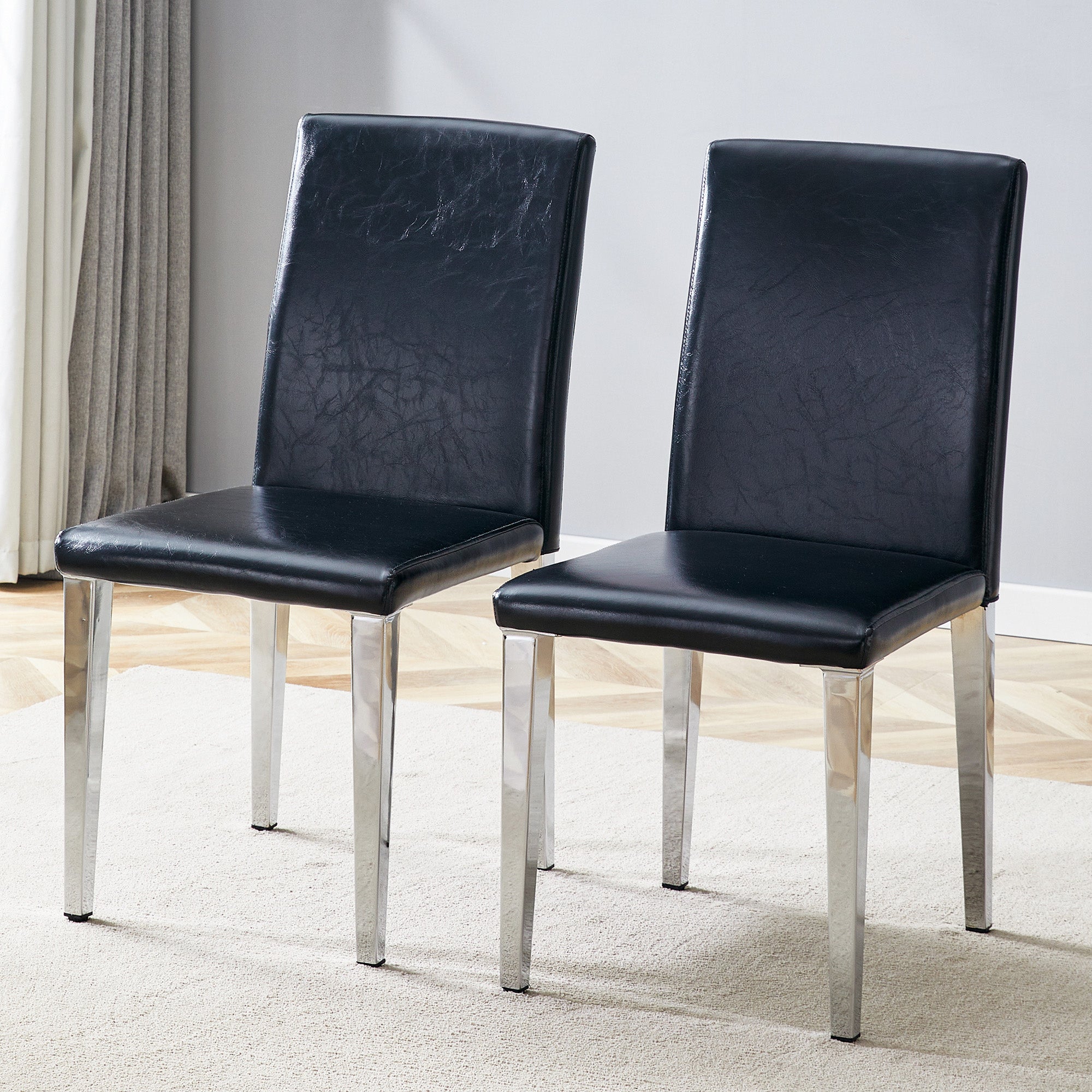 Minimalist Dining Chairs Set of 2, Ergonomic PU Leather and Metal, Black and Silver