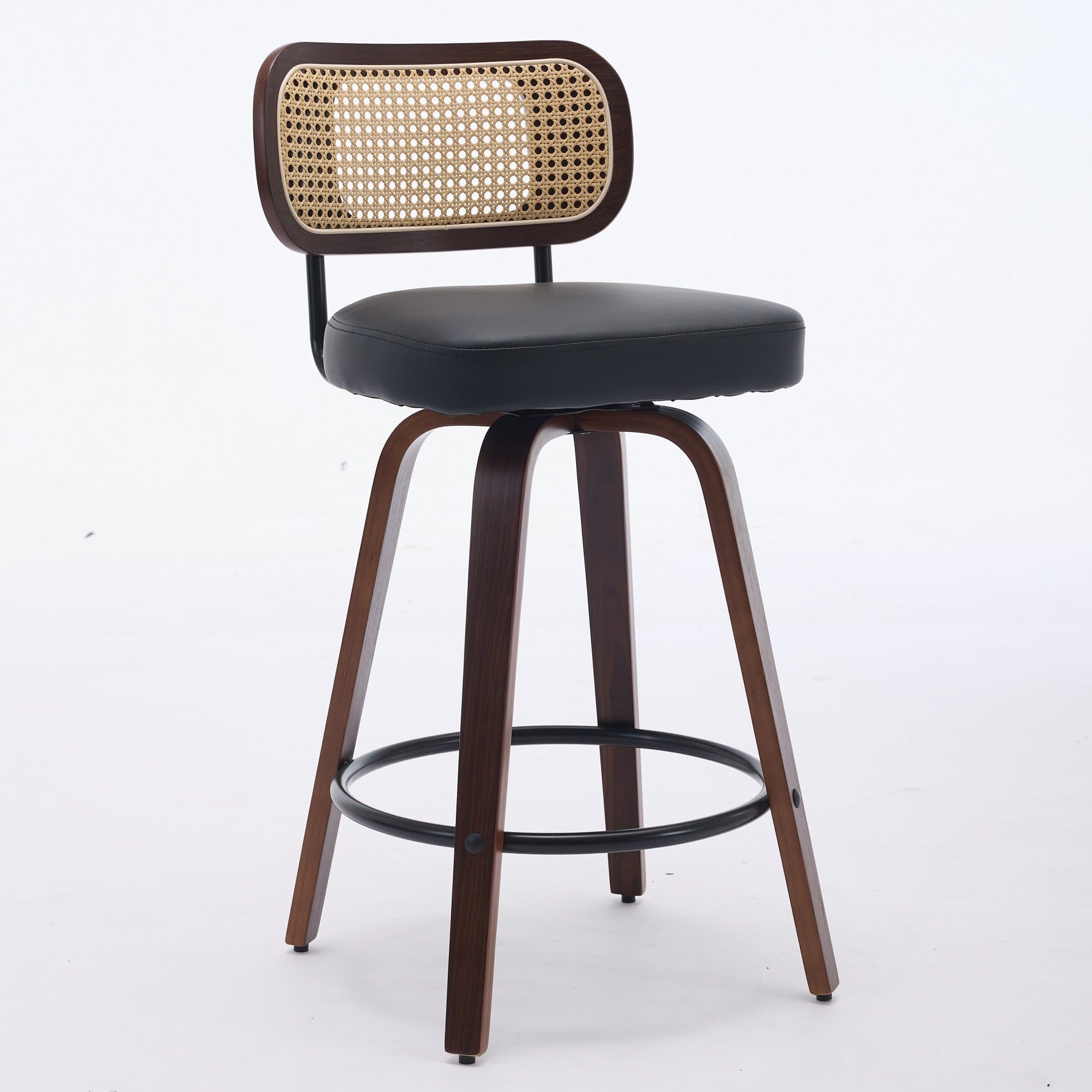 Set of 3 Counter Height Bar Stools Swivel Rattan Cane Back 26 inch Upholstered Seat Walnut Black