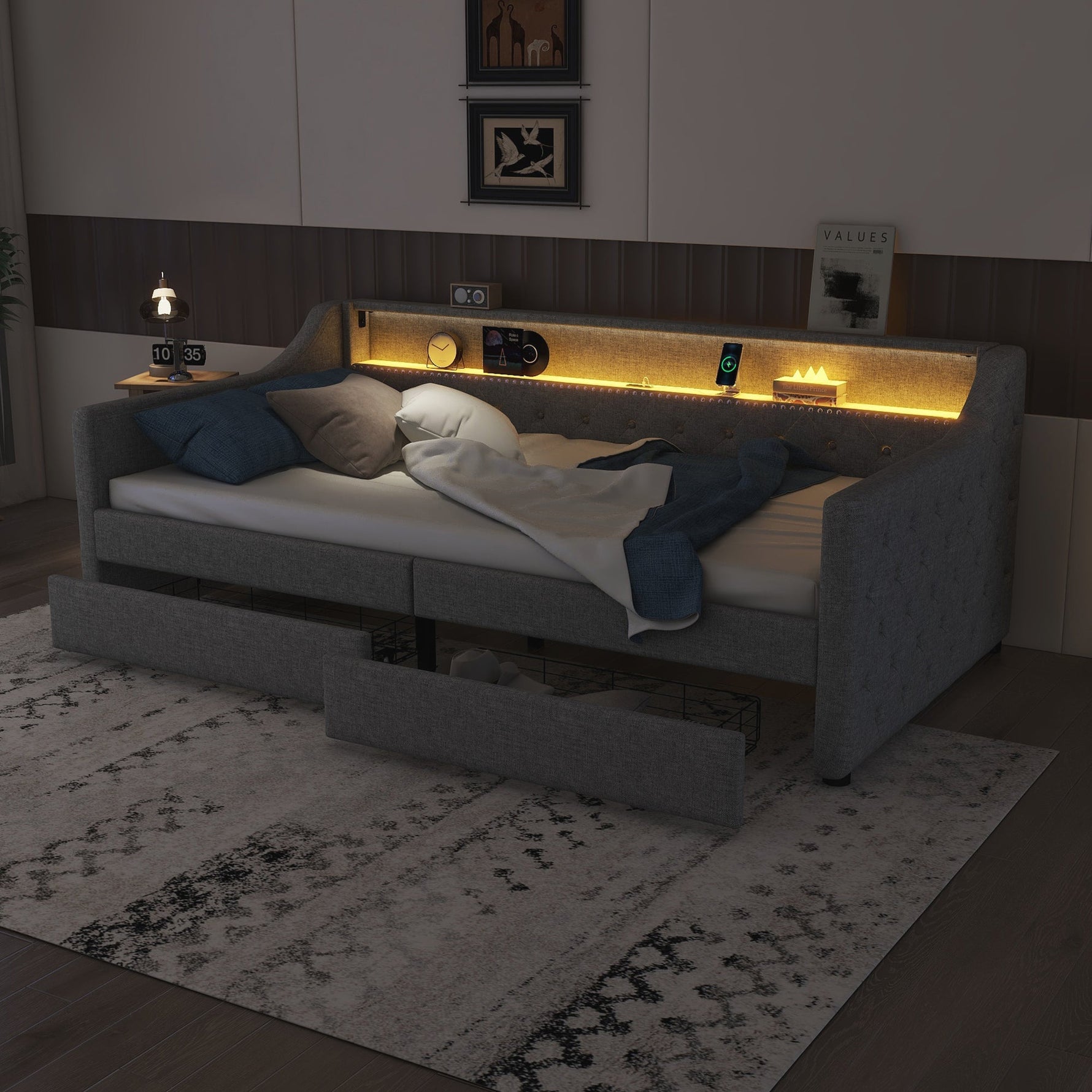 Daybed with LED Lighting, Slatted Base, Drawers and USB Port, Grey Linen