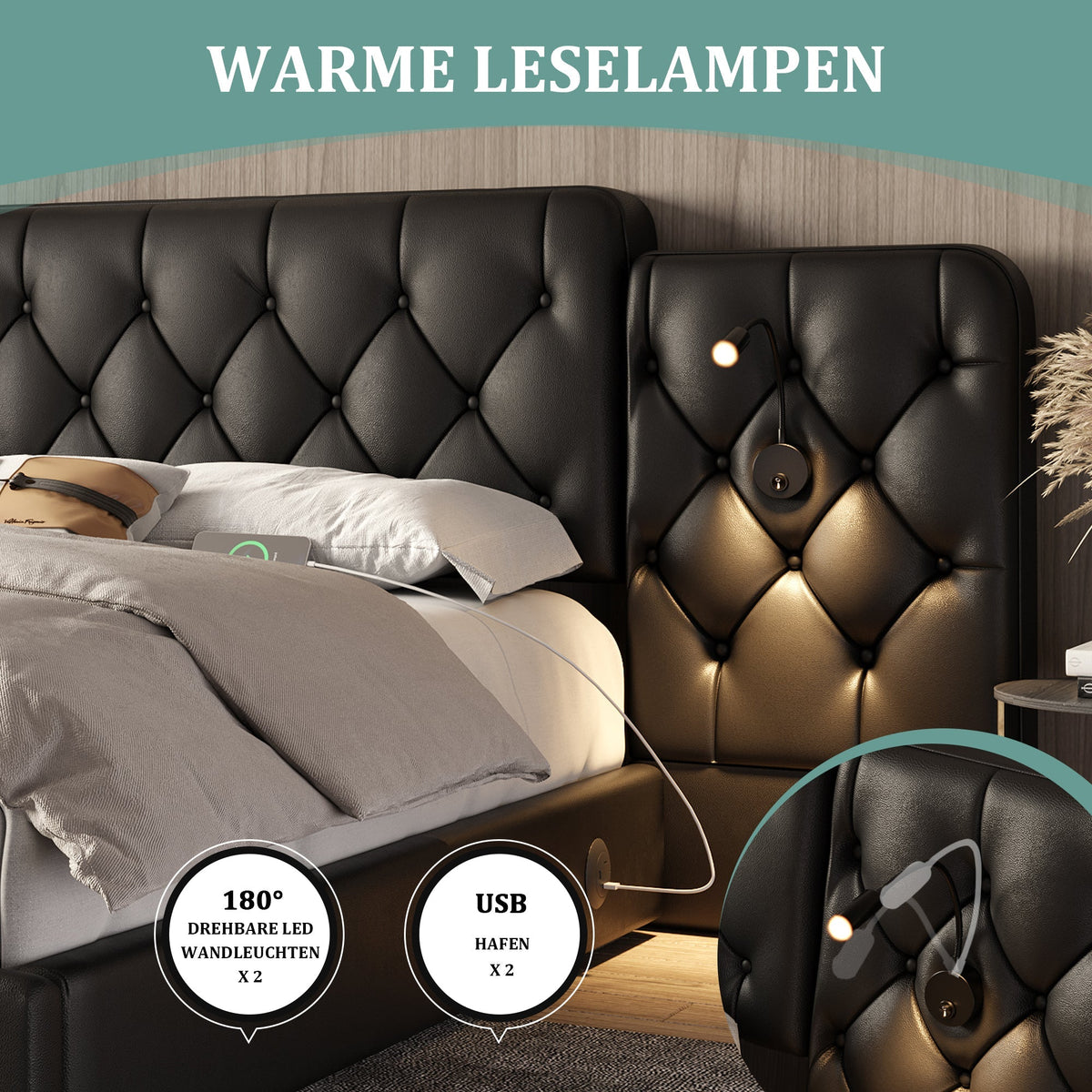 Bed Frame 160x200cm Hydraulic Storage USB Desk Lamp Velvet, Black