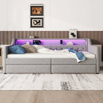 Daybed with LED Lighting, Slatted Base, Drawers and USB Port, Grey Linen