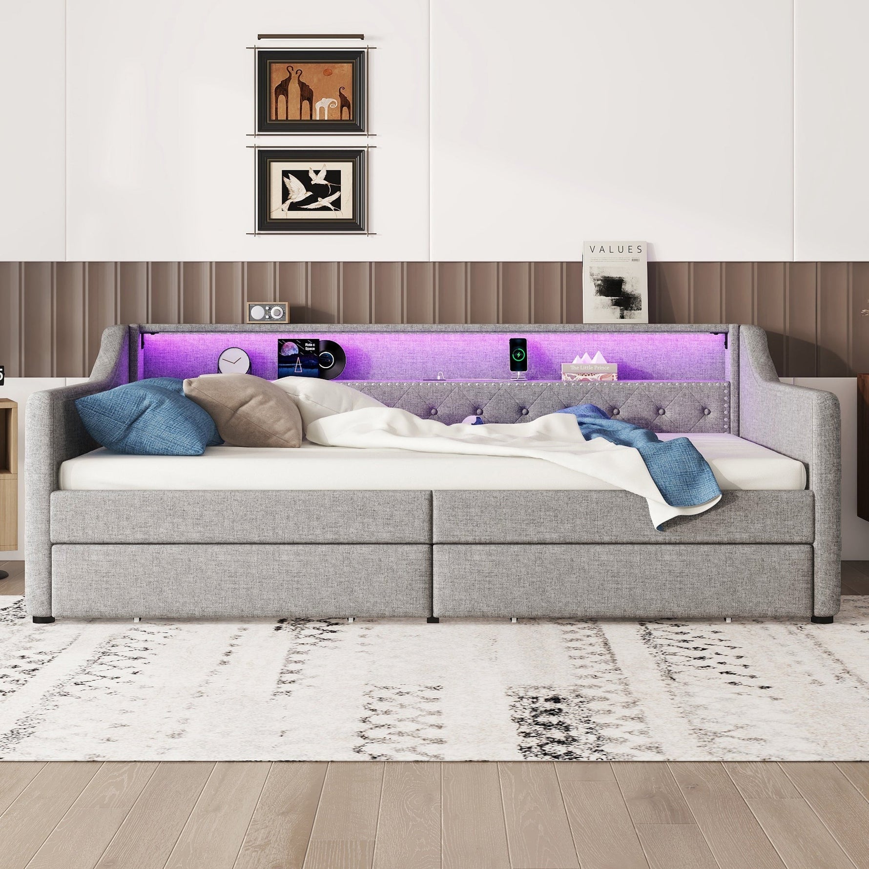 Daybed with LED Lighting, Slatted Base, Drawers and USB Port, Grey Linen
