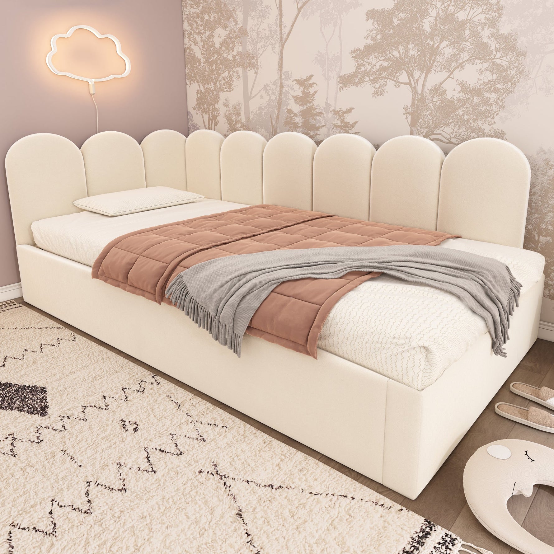 Upholstered Daybed Sofa Bed 90x200cm Pull-out Slatted Base Velvet Beige