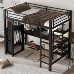 Iron Bunk Bed with Table Wardrobe Storage Ladder 90x200cm, Black Iron/Chipboard