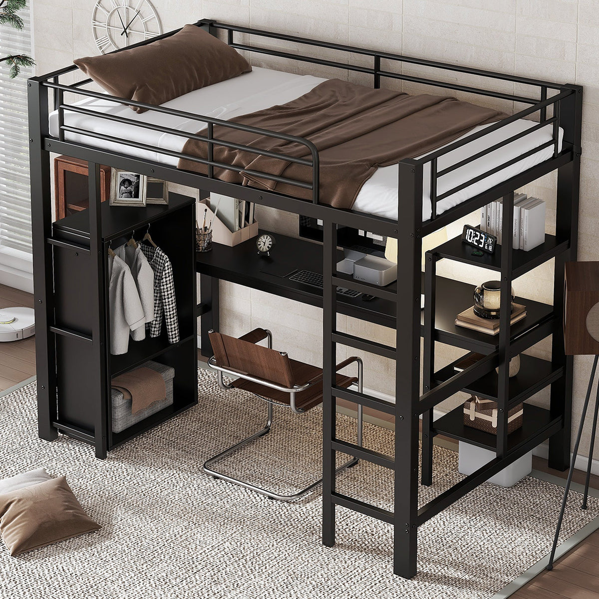 Iron Bunk Bed with Table Wardrobe Storage Ladder 90x200cm, Black Iron/Chipboard