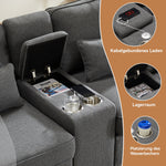 Sofa, Modern 4-Seater with Console, USB, Cupholders, Linen Fabric