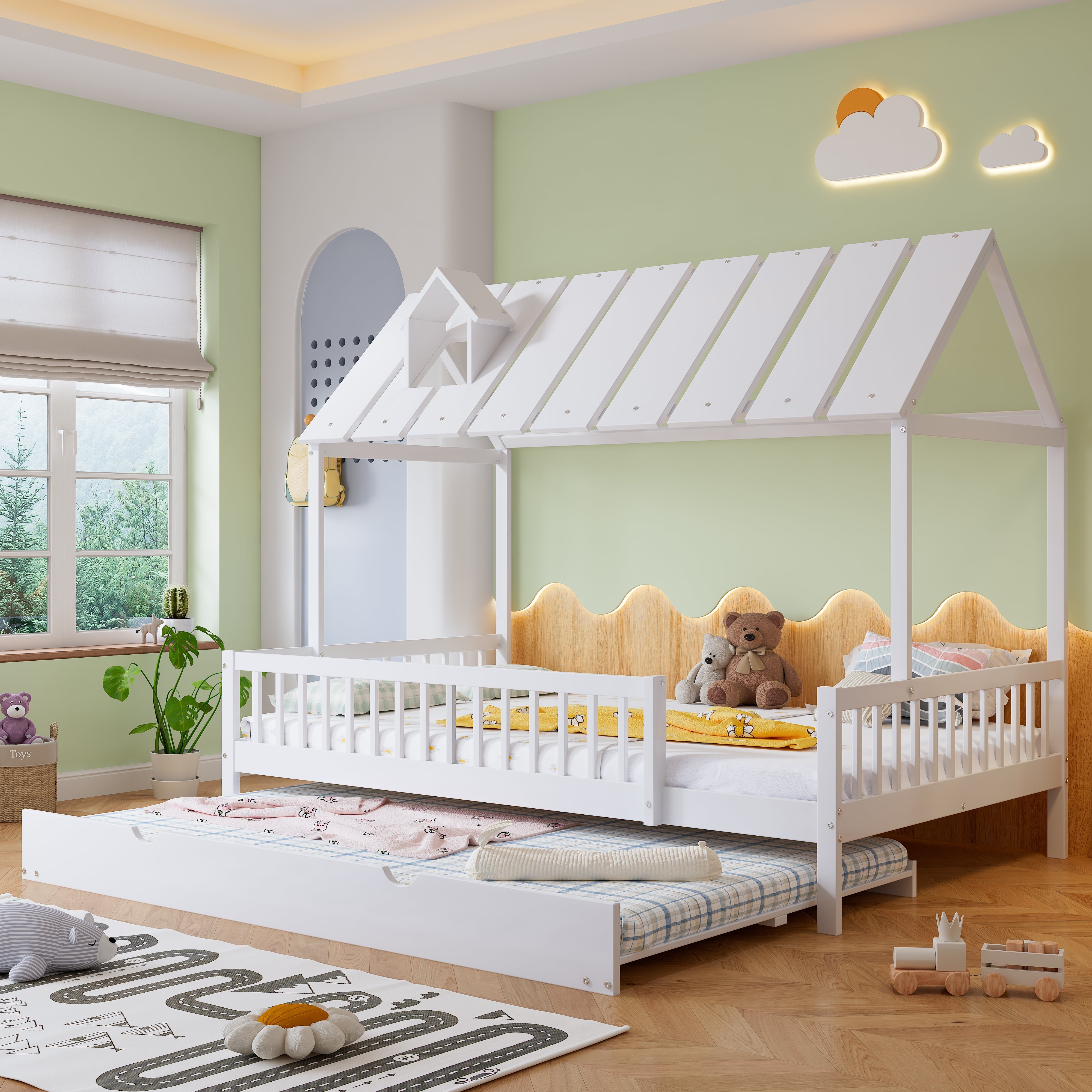 House Bed, Trundle Bed with Chimney, 3-Sided Rail, Pine+MDF, White