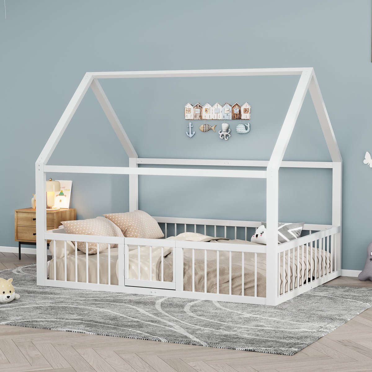 Flatbed Metal Bed 140x200cm with House Trim & Railing - White