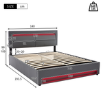 Upholstered Bed with USB Charging, LED Lighting and Storage, 140x190cm, Grey PU Leather