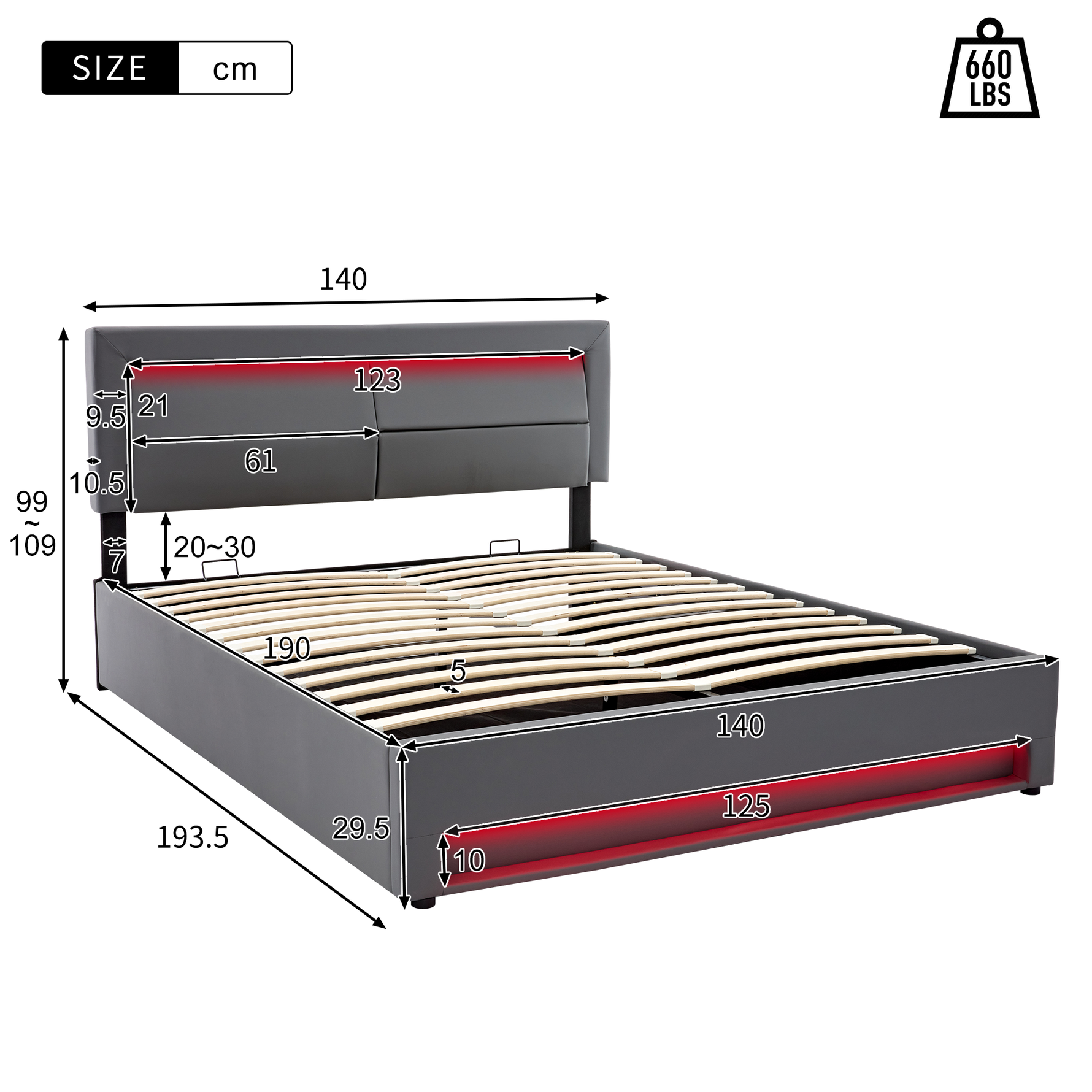 Upholstered Bed with USB Charging, LED Lighting and Storage, 140x190cm, Grey PU Leather