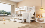 Children's Bunk Bed with Safety Stairs & Drawers, White