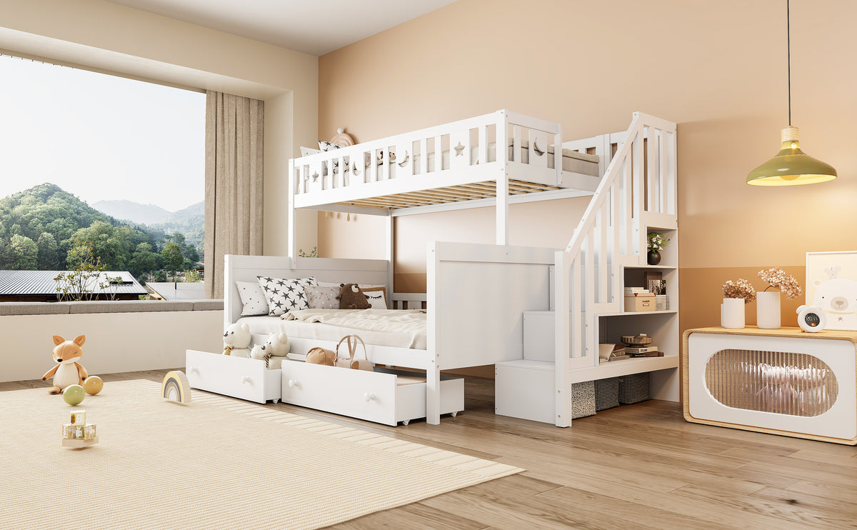 Children's Bunk Bed with Safety Stairs & Drawers, White