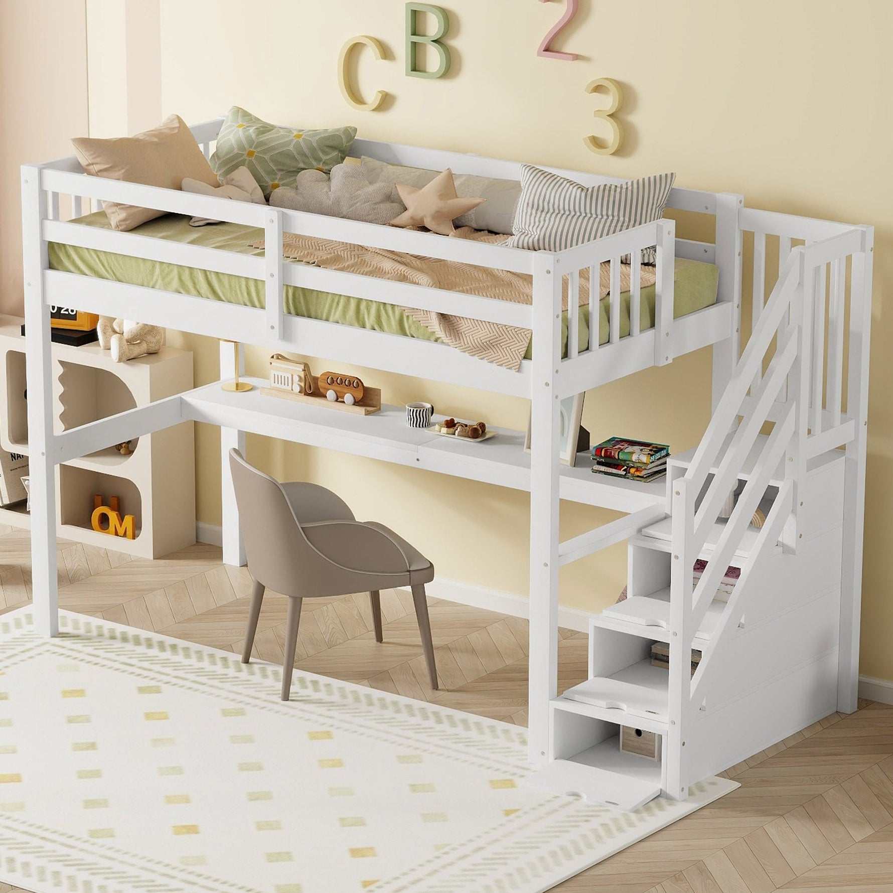 Loft Bed 90x200 Storage Drawers Under-Bed Desk - White
