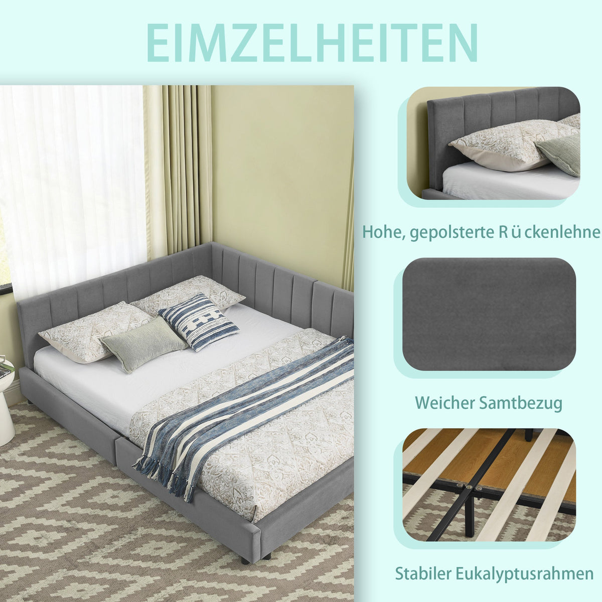 Double Bed 140x200cm High Backrest, Dark Grey Velvet