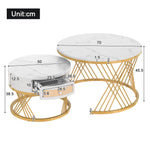 2-in-1 Round Coffee Table, Marble Top Rattan Drawers, MDF & Iron