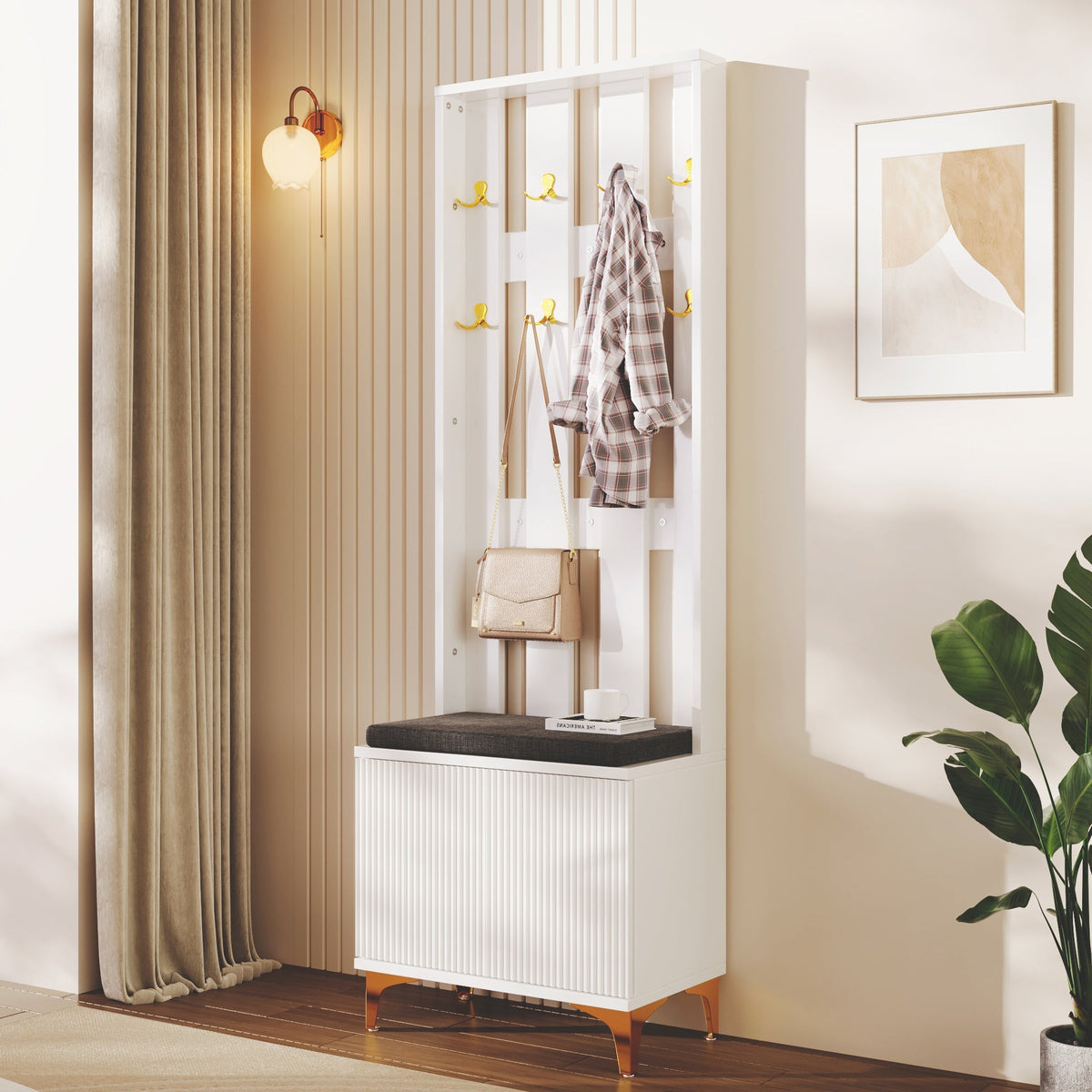 Wardrobe Set with Shoe Bench and Cushion, Front with Hooks