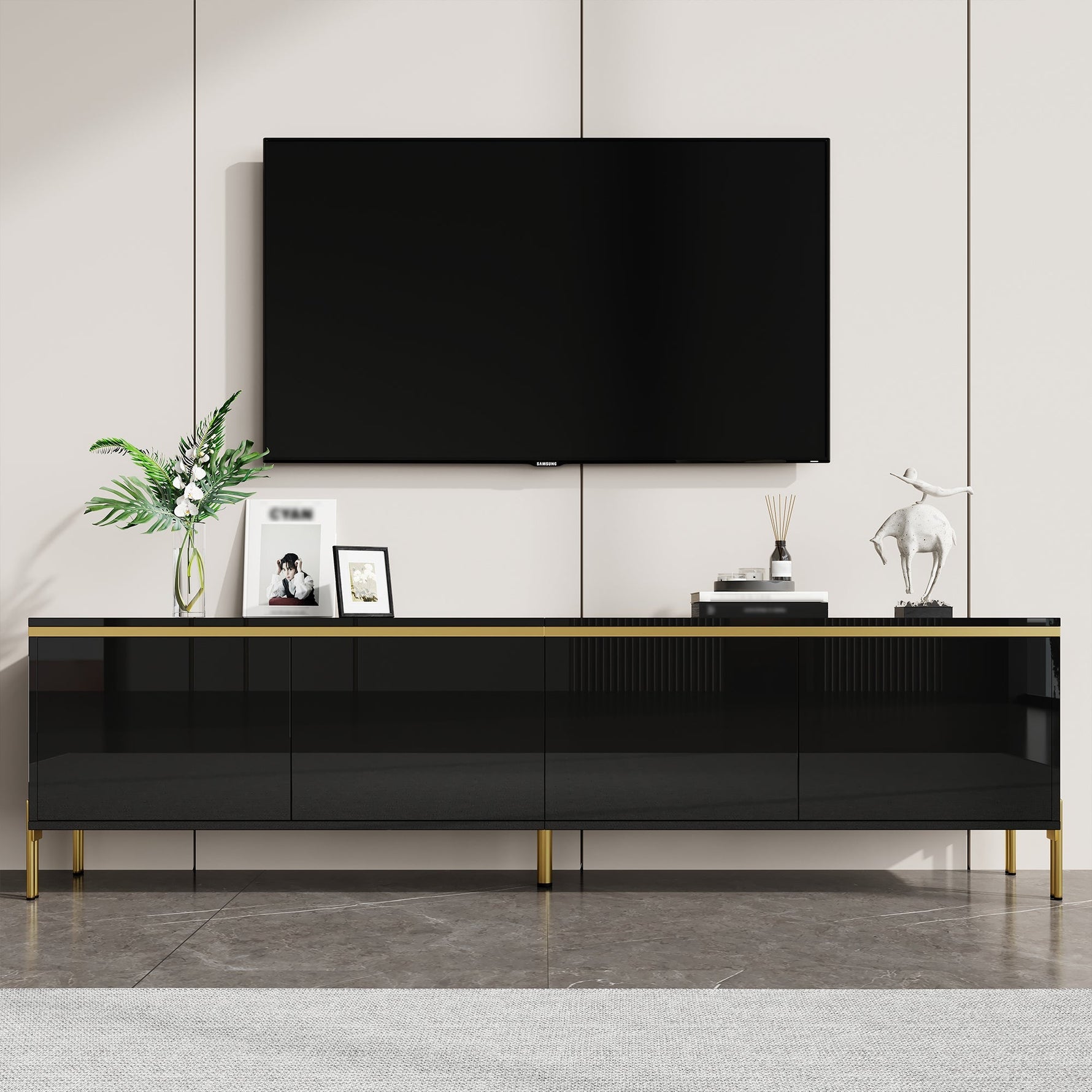 TV Stand Modern High-Gloss Storage 4 Doors Gold Trim