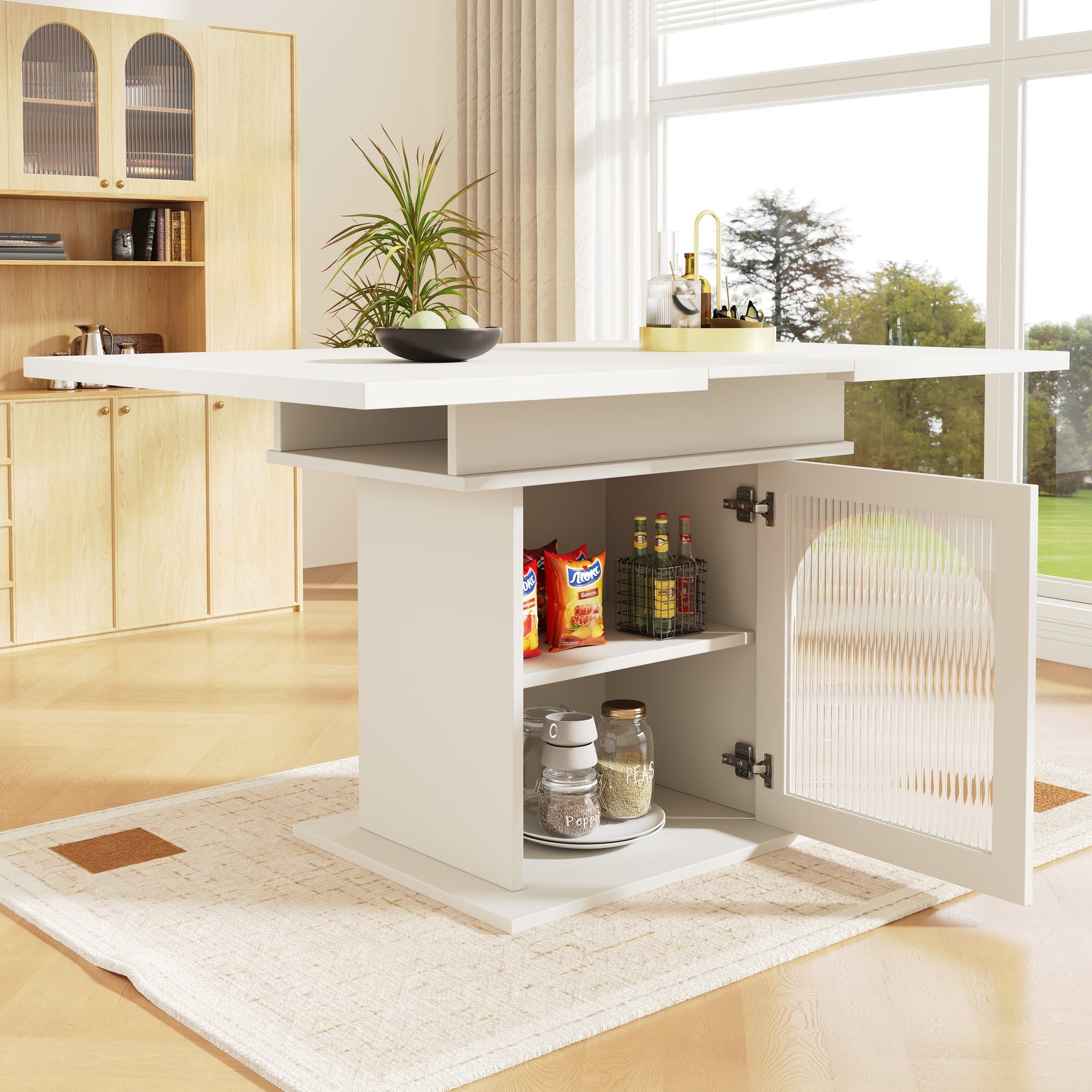 Dining Table, Telescopic Extendable with Storage Levels, White