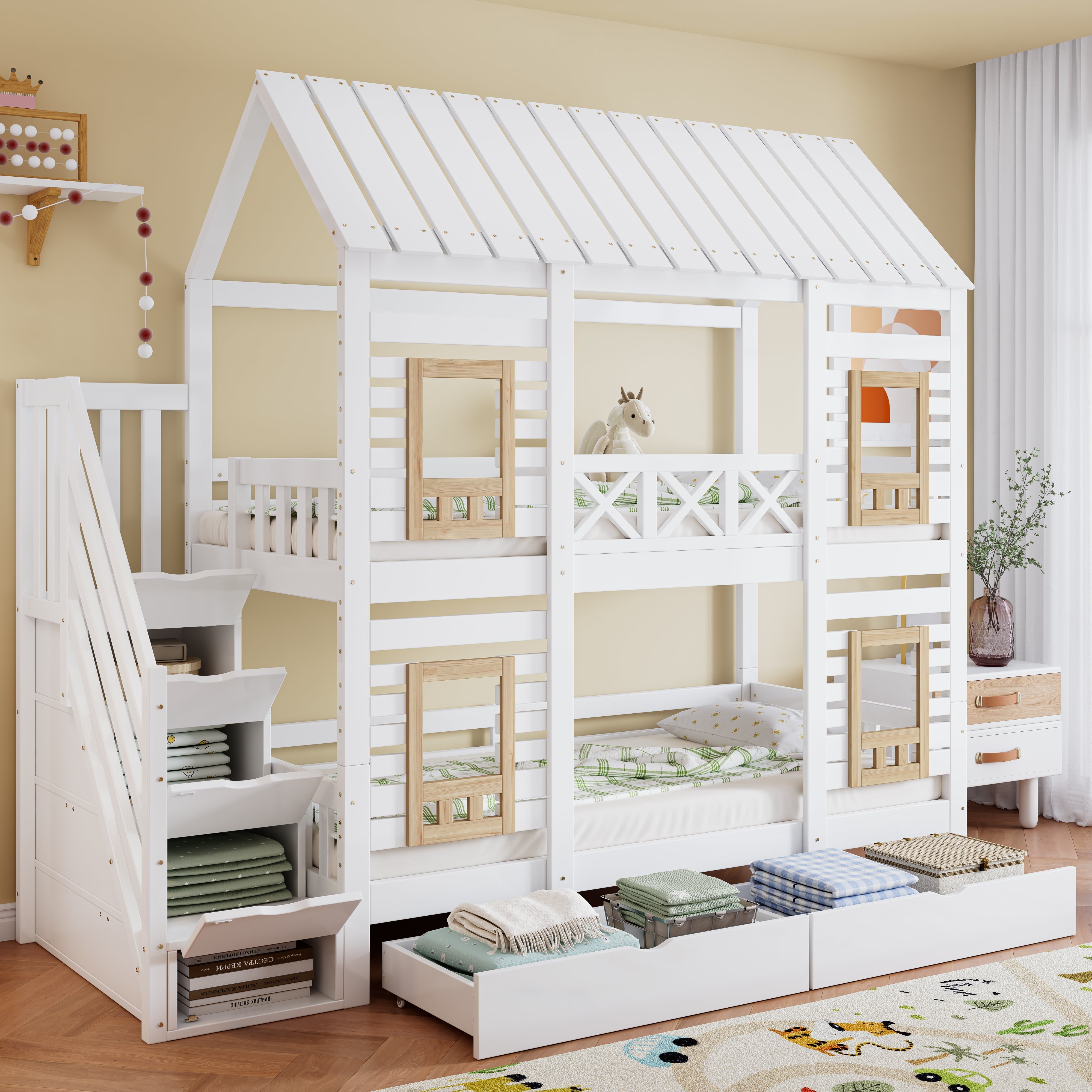Bunk Bed Children's 90x200cm Safety Rail Storage Drawers Stairs, Pine+MDF White/Natural