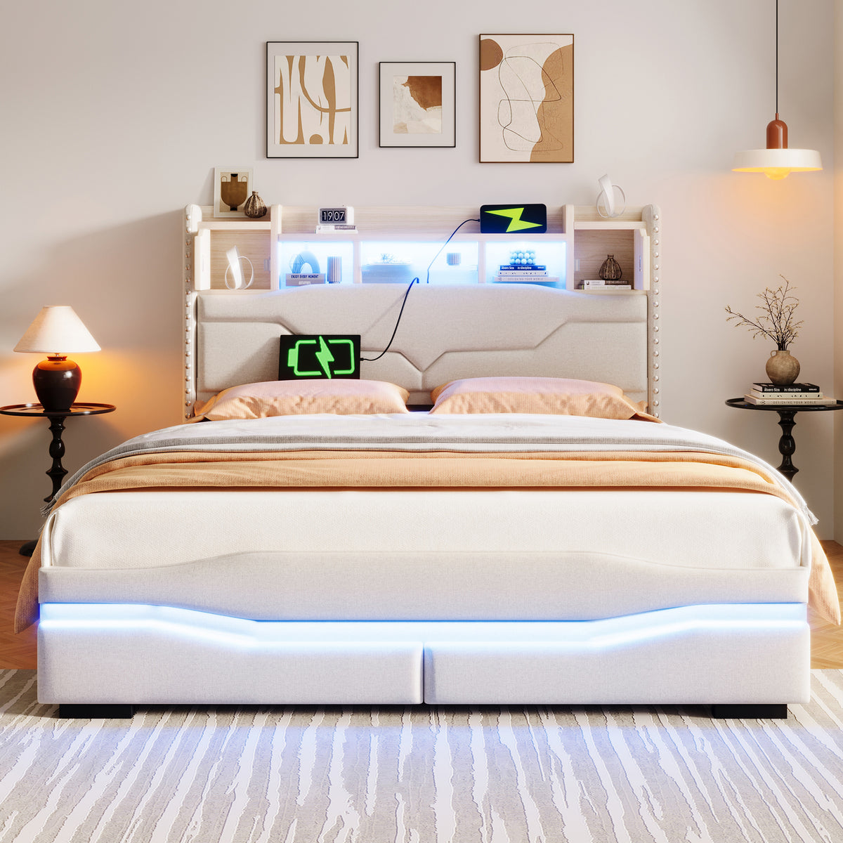 Upholstered Hydraulic Storage Bed 140x200cm LED Light, Beige