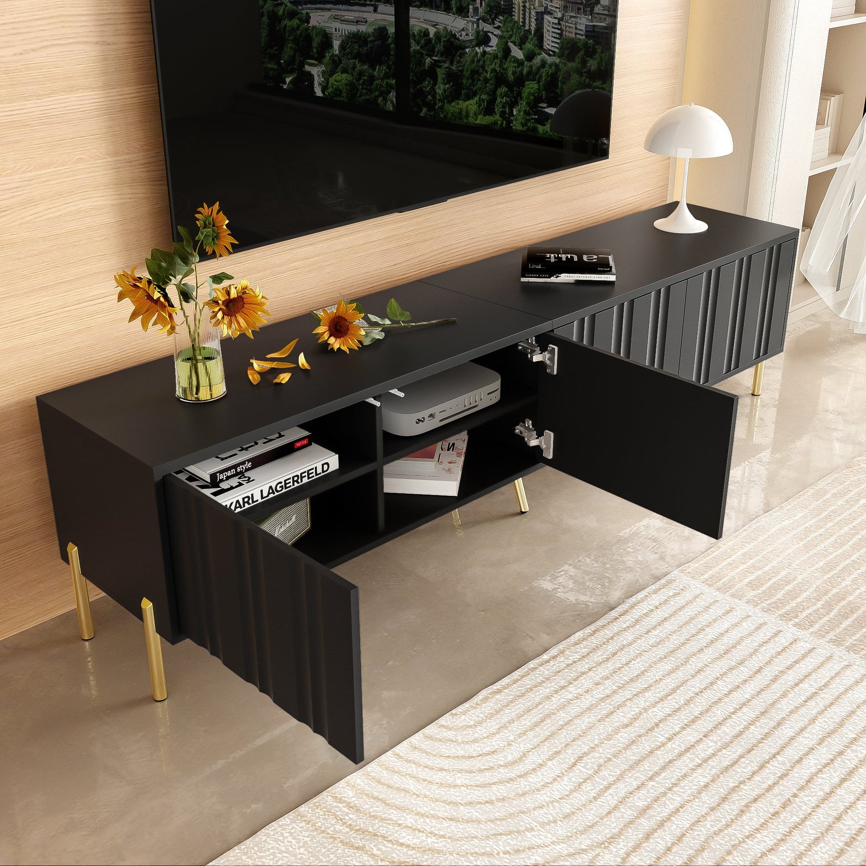 TV Cabinet 190cm Gold Table Legs - Black