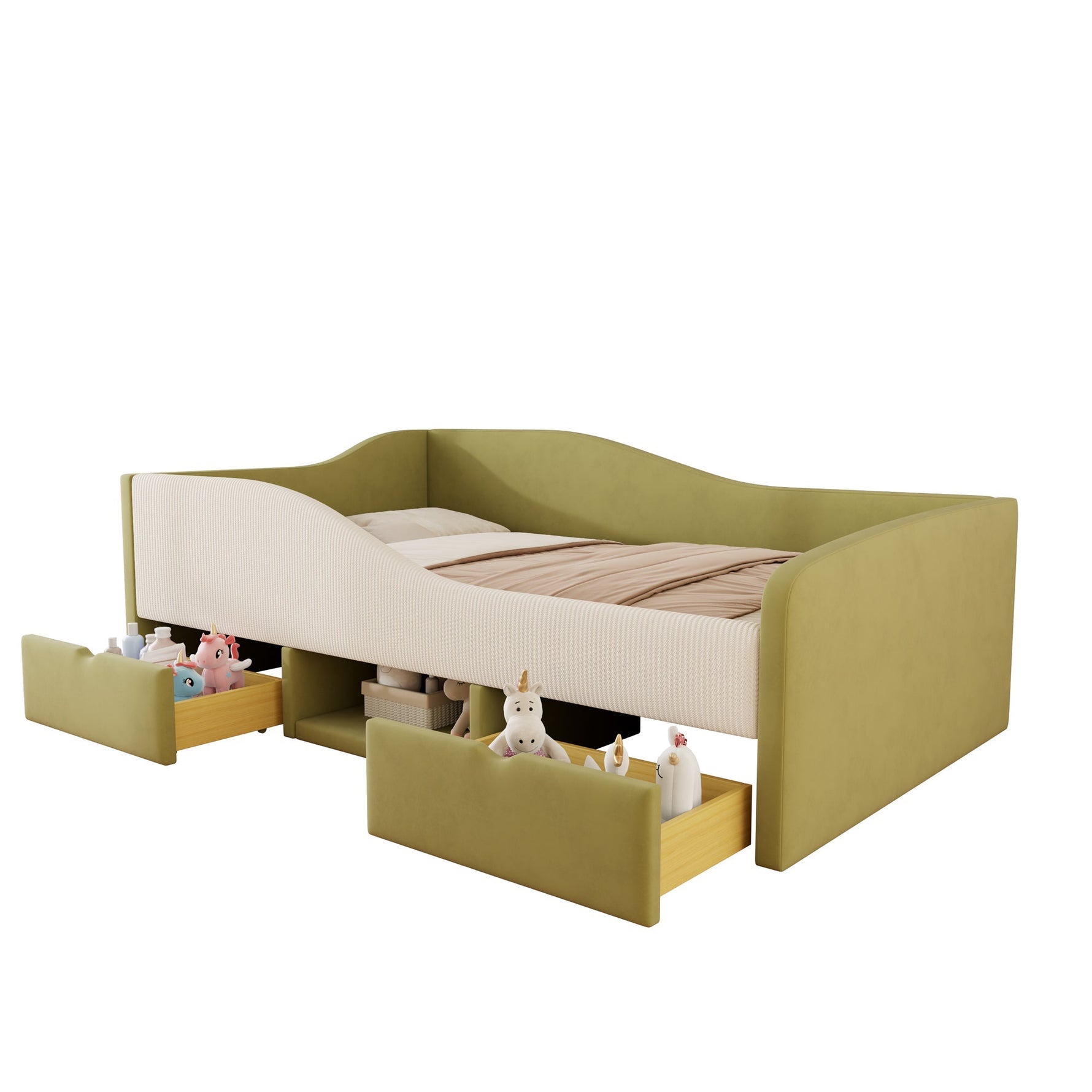 Upholstered Sofa Bed 90x190cm Multifunctional 2 Drawers Railings - Velvet Dark Green/Cream White