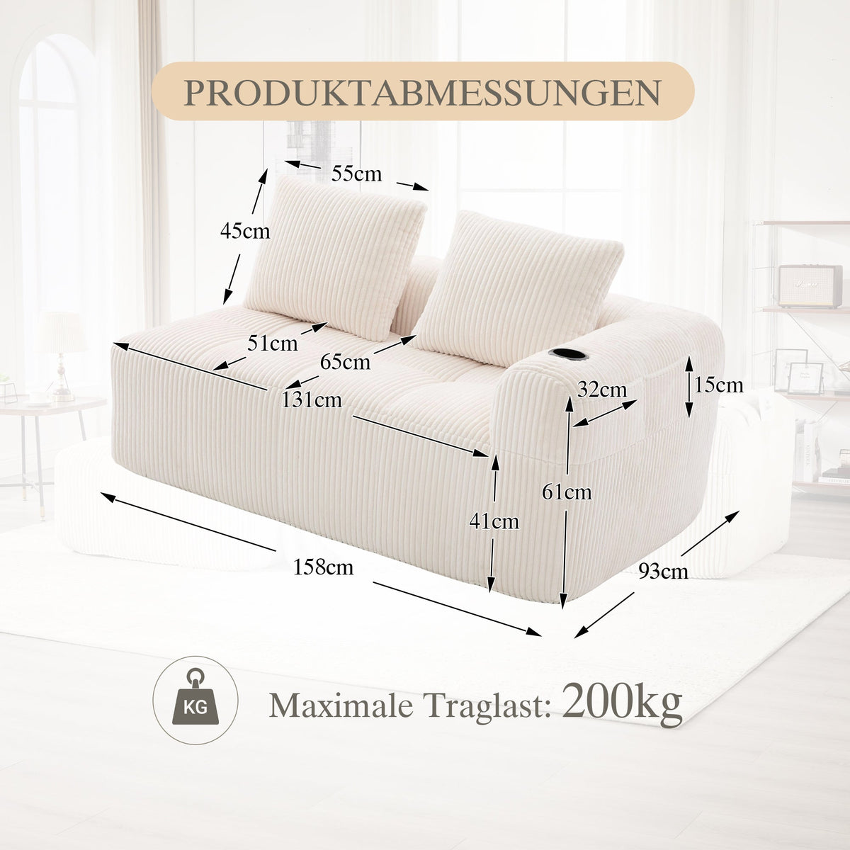 Two-Seater Sofa Storage Pocket Drink Holder - Corduroy