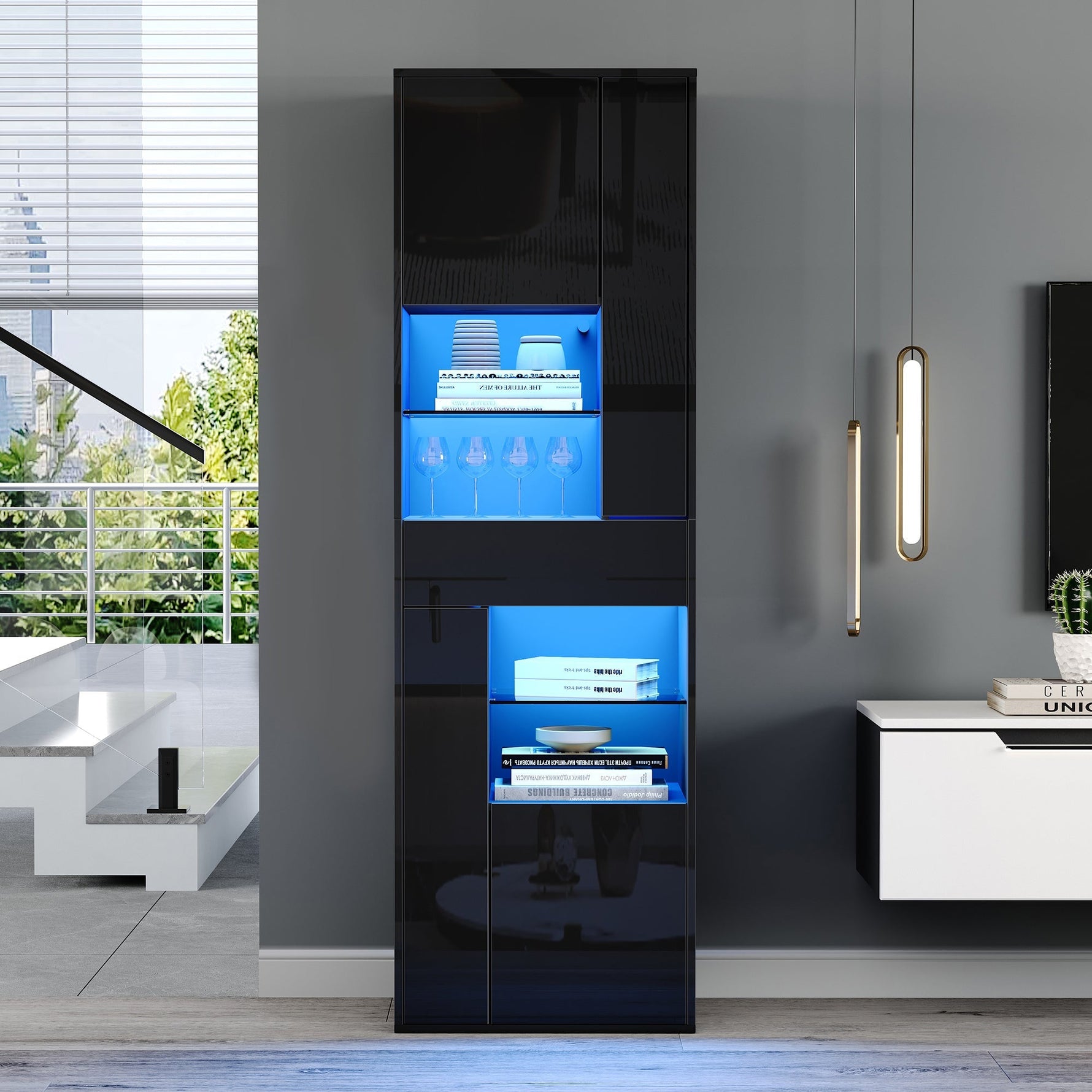 Display Cabinet 55x38x170cm Tall with LED Light, High-Gloss Black