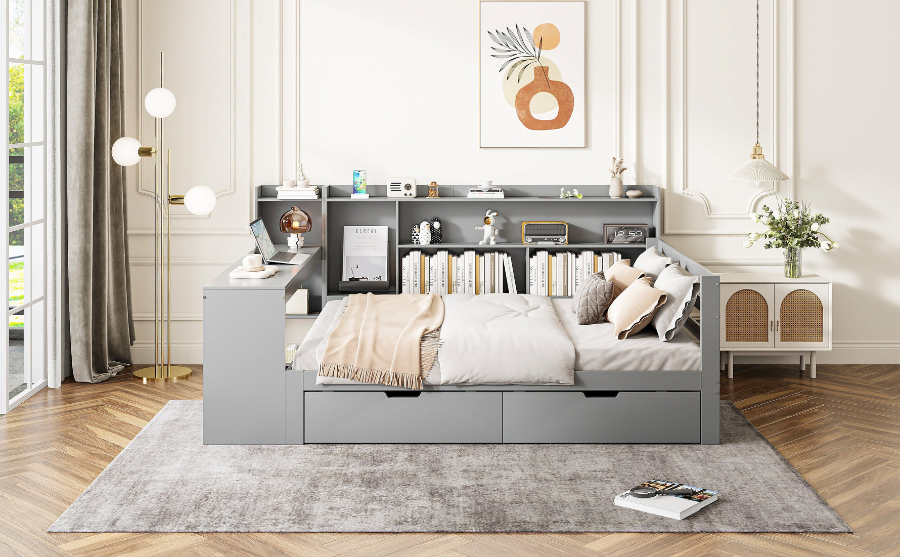 Sofa Bed, Multifunctional 140x200cm with Desk Storage & Power Outlet, Solid Wood Grey