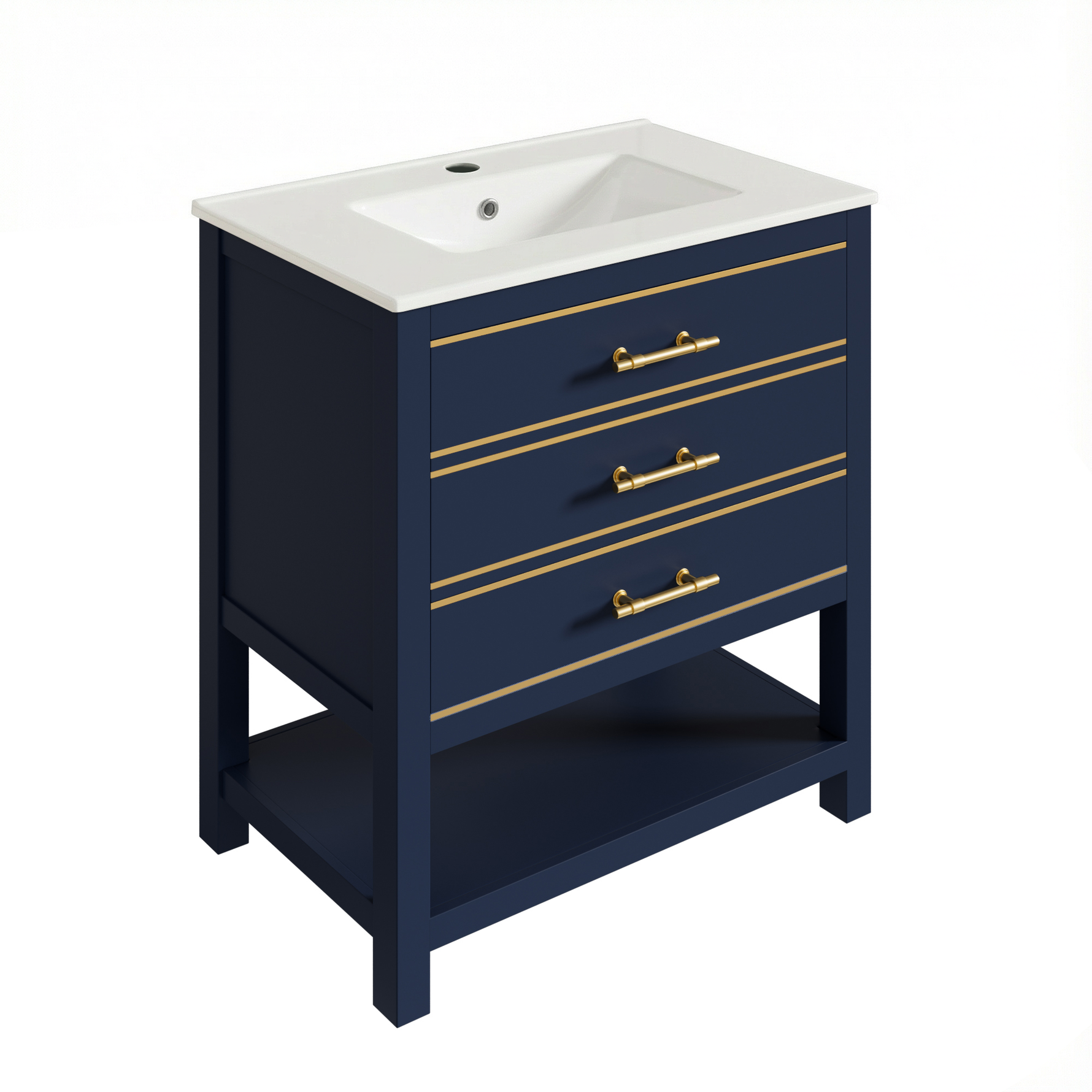 Bathroom Vanity Unit with Ceramic Sink and 2 Drawers, White and Gold
